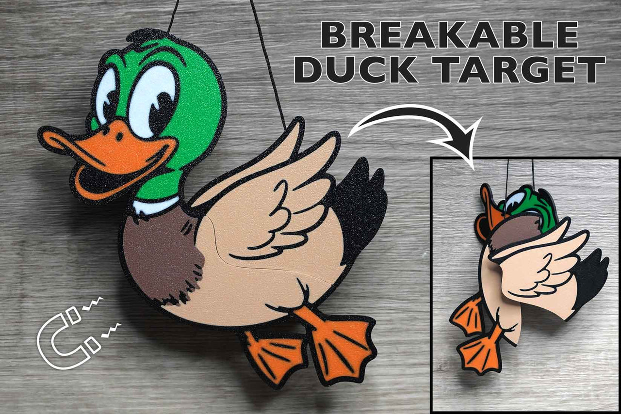 Duck Target - Breaks apart when hit. - Snaps back together in seconds.