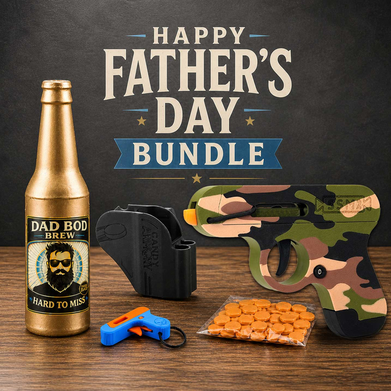 Dad Bod Brew: Father's Day Bundle - Includes Shooter, Breakable Bottle Target, Holster, Keychain and Extra Ammo