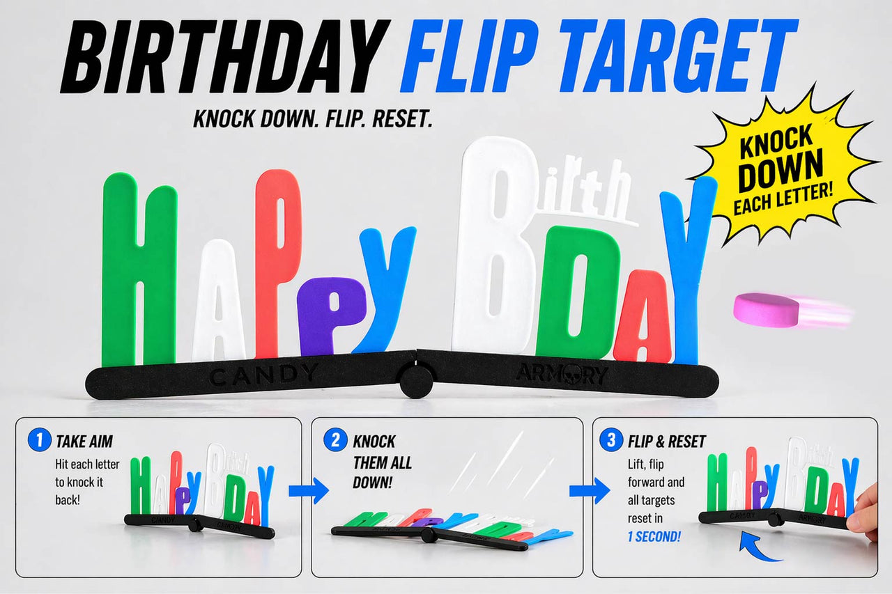 Birthday Flip Target. Knock each one down. Resets in One Second.