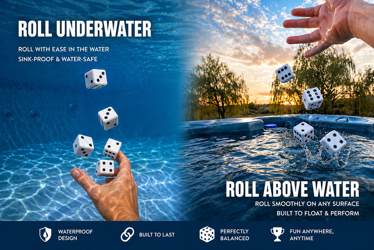 Floating Dice Set - Fair, well balanced, slow float! 5 Dice - Case - Waterproof Pad - Pencil