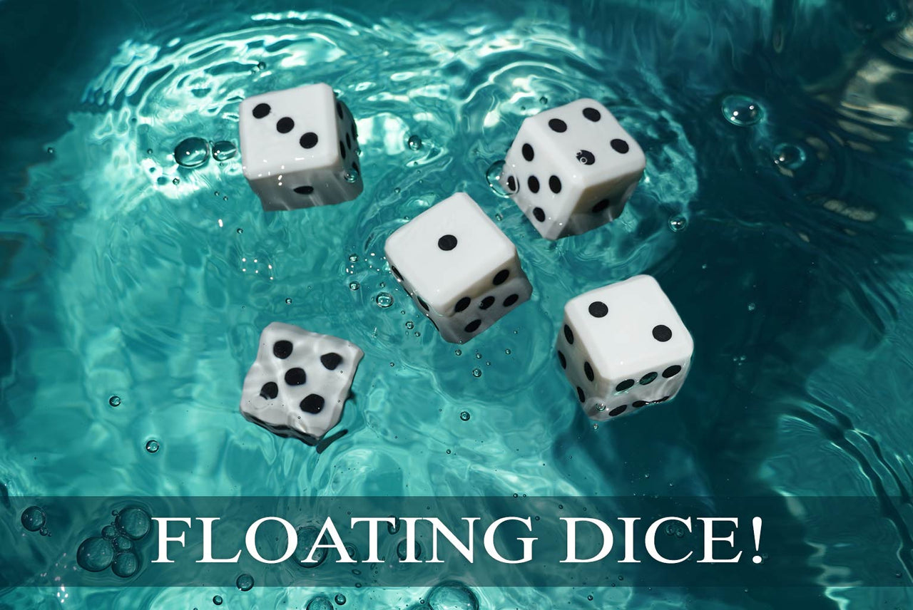 Floating Dice Set - Fair, well balanced, slow float! 5 Dice - Case - Waterproof Pad - Pencil