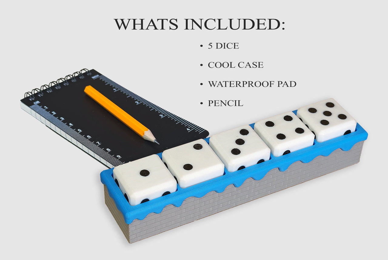Floating Dice Set - Fair, well balanced, slow float! 5 Dice - Case - Waterproof Pad - Pencil