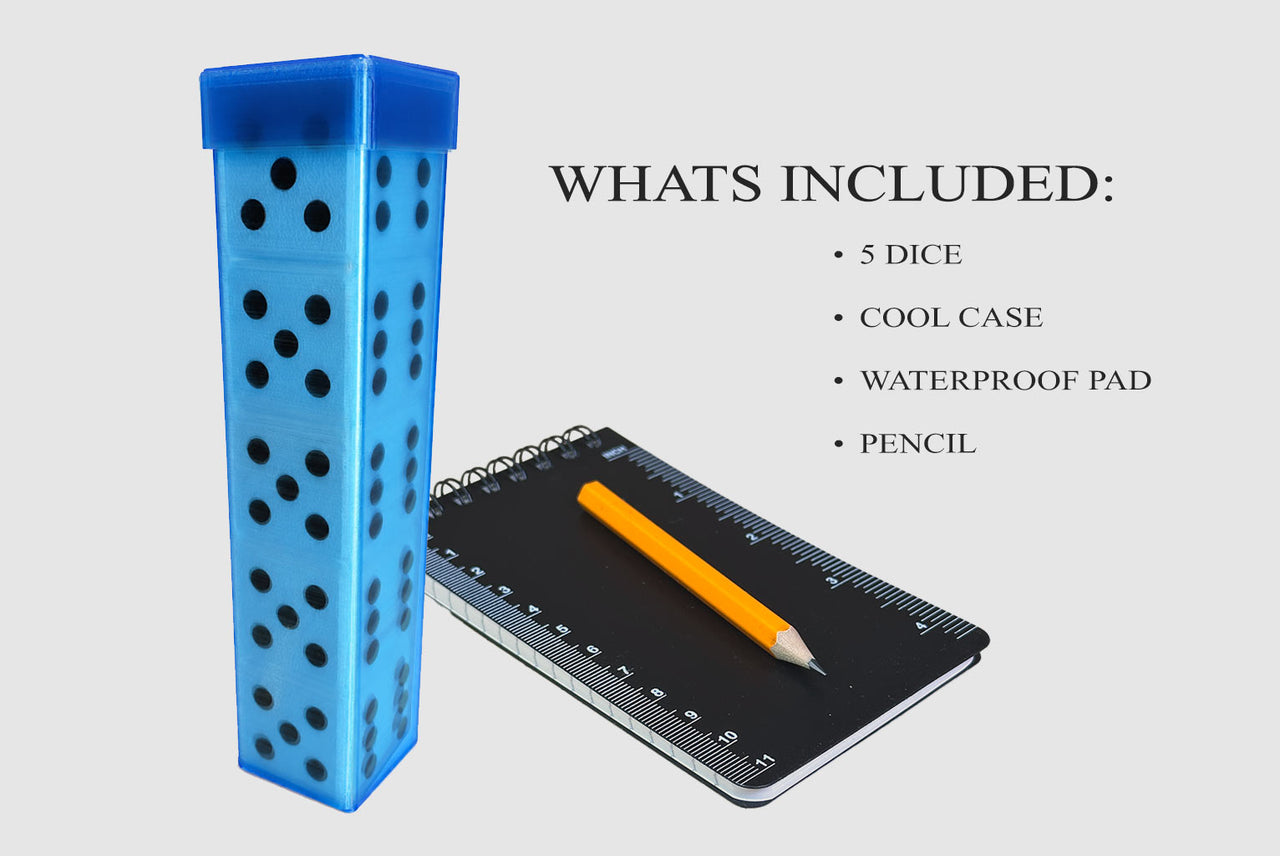 Floating Dice Set - Fair, well balanced, slow float! 5 Dice - Case - Waterproof Pad - Pencil